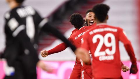 Bayern Munich's players celebrate scoring against Arminia Bielefeld