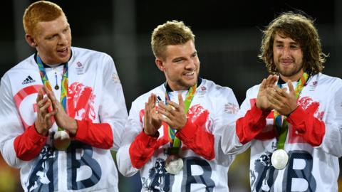 James Rodwell Tom Mitchell and Dan Bibby of Great Britain after receiving their Men's Rugby Sevens silver medals at the Rio 2016 Olympics