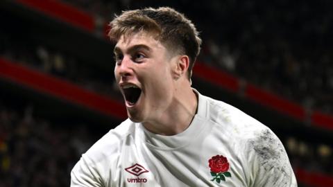Tommy Freeman scored England's fourth try in Lyon