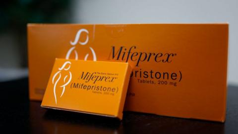 Packages of Mifepristone tablets are displayed at a family planning clinic in Rockville, Maryland.