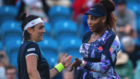 Ons Jabeur and Serena Williams in action in the women's doubles at the Eastbourne International