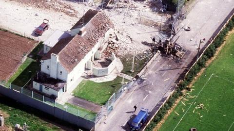 An aerial view of the aftermath of the IRA ambush at Loughgall RUC station in 1987