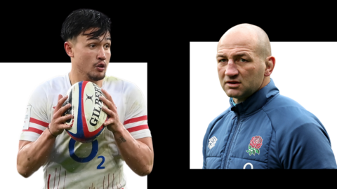 A graphic with a picture of Marcus Smith running with the ball and a picture of Steve Borthwick frowning