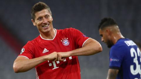 Robert Lewandowski celebrates scoring for Bayern Munich against Chelsea in the Europa League