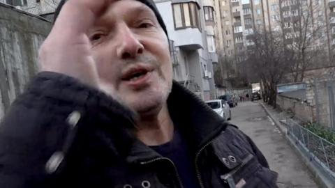 Leonid Zakutenko on the streets of Kyiv during surprise filming by the BBC