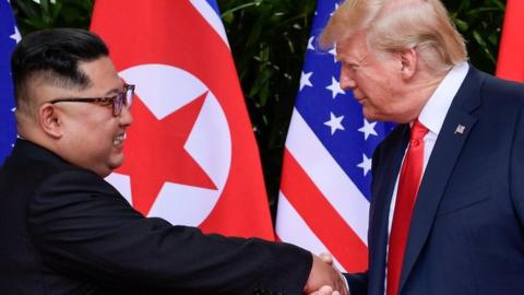 Kim Jong-un and Donald Trump at the June summit in Singapore