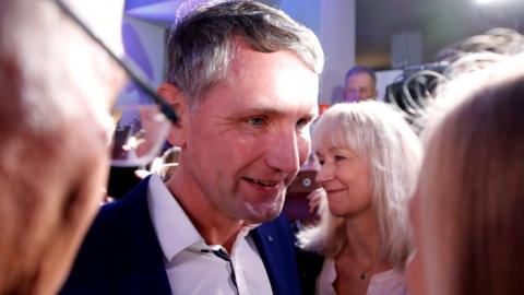 Björn Höcke, Alternative for Germany (AfD) party leader and top candidate for the Thuringia attends a party election night after the Thuringia state election in Erfurt, Germany, October 27