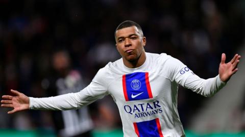 Kylian Mbappe celebrates scoring against Angers