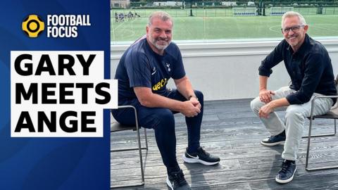 Ange Postecoglou and Gary Lineker sit together at Tottenham's training ground