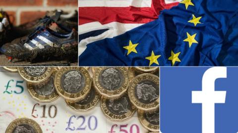 Boots, EU flag, pound coins, Facebook