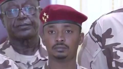 Mahamat Idriss Deby, also known as Mahamat Kaka, named interim president by a transitional council of military officers, is seen during a news conference in Ndjamena, Chad, April 20, 2021 in this still image taken from a video. Chad TV/Reuters TV/