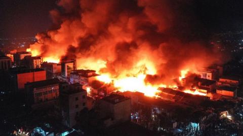 An aerial view of the fire that broke out at the Waaheen market in Hargeisa, Somaliland