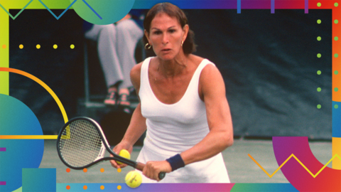 A photo of transgender tennis player Renee Richards about to play a shot during a match on the BBC Sport LGBT+ History Month colourful and patterned background