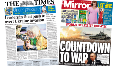 The Times and the Daily Mirror front pages 14 February 2022