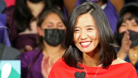 Michelle Wu celebrates her victory, 2 November 2021