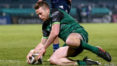 Jack Carty goes over for a Connacht try against Leinster