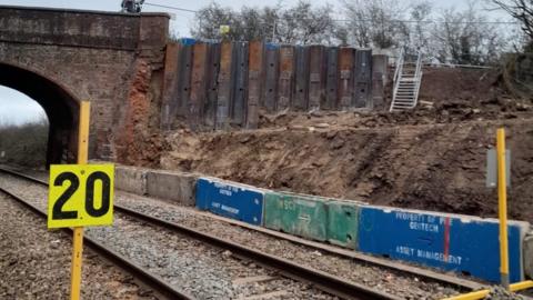 Repaired wall collapse after landslip at Yarnton