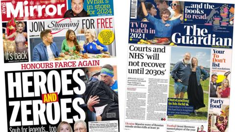 The headline on the front page of the Daily Mirror reads: "Heroes and Zeroes" and the headline on the front page of the Guardian reads: "Courts and NHS 'will not recover until 2030s'"