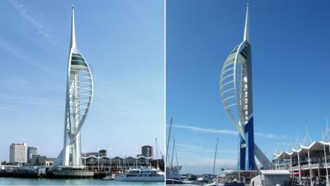 Spinnaker Tower in original white (left) and current blue and gold designs