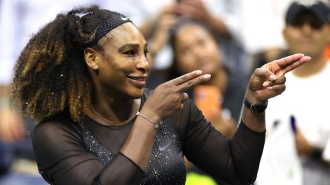 Serena Williams celebrates winning in the US Open first round