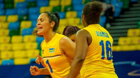 Brazilians Aline Siqueira (left) and Moreira Gomes Bianca in action for Rwanda