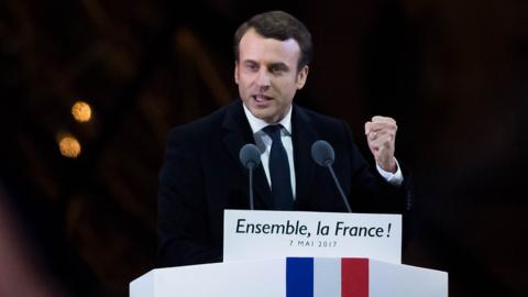 Leader of "En Marche !" Emmanuel Macron adresses suporters after winning the French Presidential Election, at The Louvre on May 7, 2017 in Paris, France