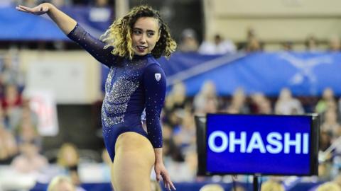 Katelyn Ohashi performing a gymnastics routine