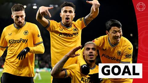 Wolverhampton Wanderers celebrate their first goal against Brighton in the FA Cup fifth round 2024
