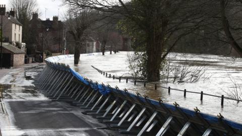 Temporary flood barriers in Ironbridge, Shropshire