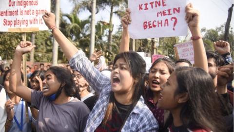 Protesters shout slogans during their march against the Citizenship (Amendment) Bill, 2019, in Guwahati, India Wednesday, Dec. 11, 2019