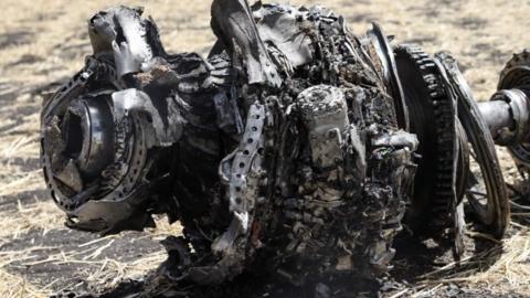 Debris of the crashed airplane of Ethiopia Airlines