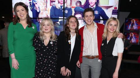 Derry Girls writer Lisa McGee with cast members Nicola Coughlan , Louisa Harland, Dylan Llewellyn and Saoirse-Monica Jackson at the Omniplex Cinema in Londonderry for the series two premiere