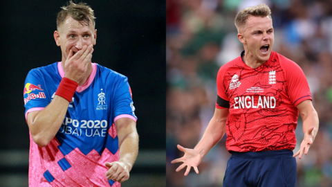 A split image showing Chris Morris celebrating taking a wicket for Rajasthan Royals in the Indian Premier League on the left and then Sam Curran celebrating taking a wicket for England in 2022 T20 World Cup on the right