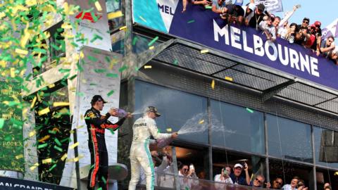Race winner Valtteri Bottas of Finland celebrates his win at the 2019 Australian Grand Prix