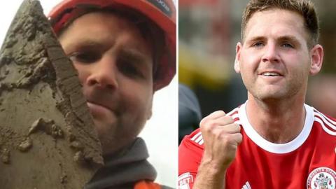 Billy Kee on a building site (left) in 2020 and celebrating an Accrington Stanley win in 2017