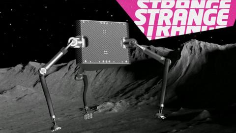 A three legged robot in space and the Strange News logo