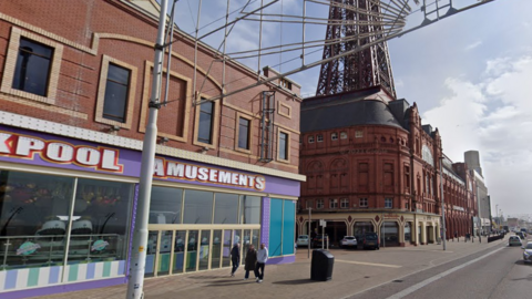 Street view of the Promenade, near Victoria Street, in Blackpool