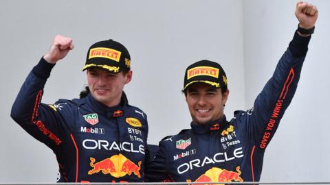 Max Verstappen and Sergio Perez celebrate Red Bull's one-two at the Emilia Romagna Grand Prix