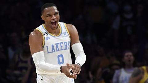 Russell Westbrook celebrates LA Lakers' first win of the NBA season