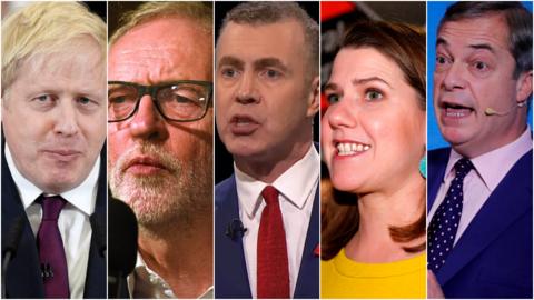 Image showing Boris Johnson, Jeremy Corbyn, Adam Price, Jo Swinson, Nigel Farage