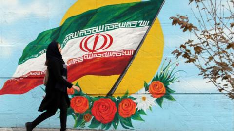 Iranian woman walks past mural in Tehran (file photo)