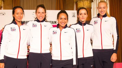 Great Britain Fed Cup team's Anne Keothavong, Johann Konta, Heather Watson, Laura Robson and Jocelyn Rae pose for pictures