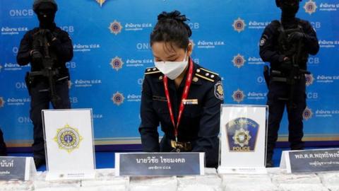 Crystal methamphetamine or ice is shown by authorities at a press conference in Thailand