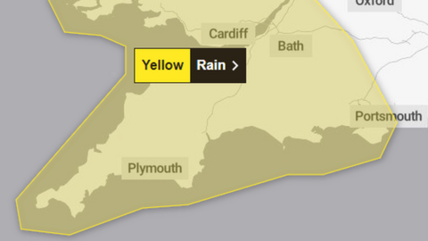 Met Office map shows yellow weather warning for rain across south west England