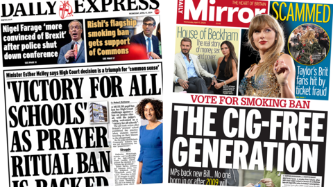 The headline in the Express reads, "'Victory for all schools' as prayer ritual ban is backed", while the headline in the Mirror reads, "The cig-free generation".