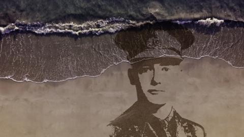 A large-scale portrait of a casualty from the First World War, designed by sand artists Sand In Your Eye, will be drawn into the sand in many locations and washed away as the tide comes in.