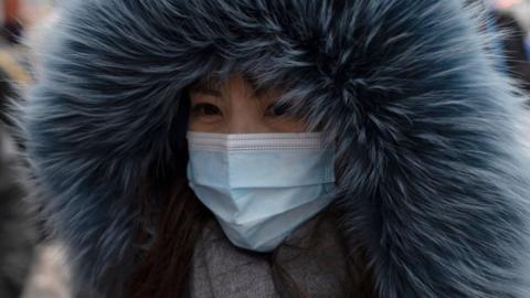 A woman in a warm hooded coat and scarf walks in Beijing, China. Photo: December 2023