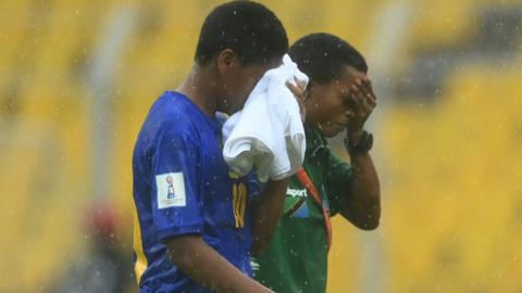 Zainabu Ally of Tanzania (left) reacts after being sent off at the Under-17 Women's World Cup