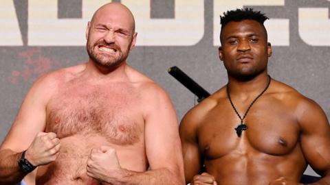 Tyson Fury and Francis Ngannou pose together ahead of their boxing fight