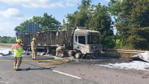 The lorry that caught fire on the M4 in Wiltshire